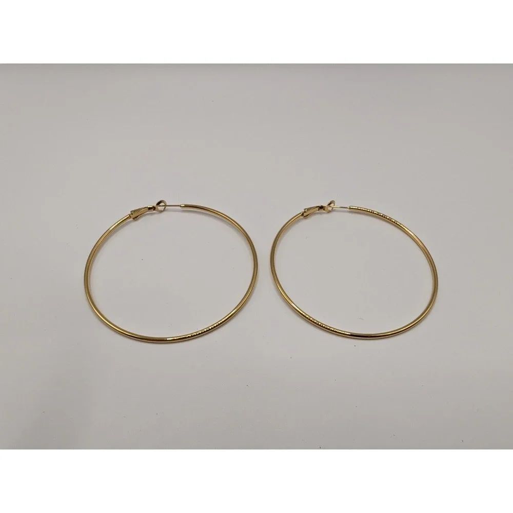 Gold Tone Oversized Large Thin Hoop Pierced Earrings 3